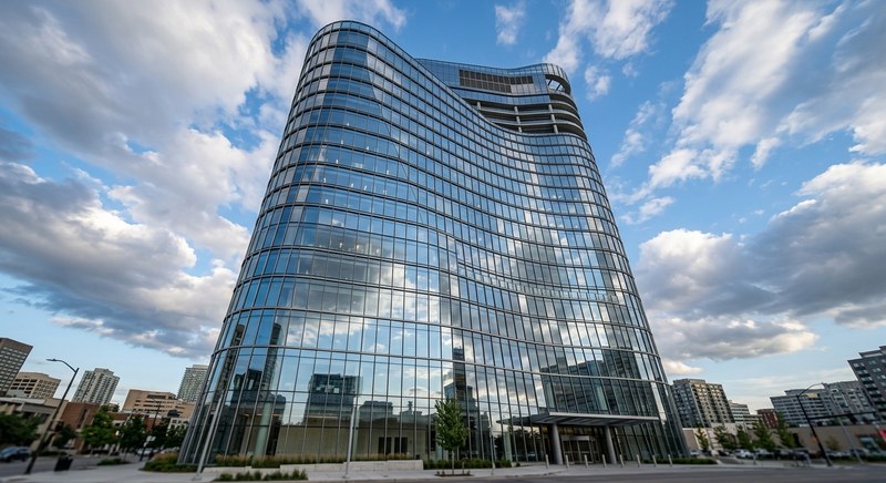 Curved glass commercial tower with city skyline reflections